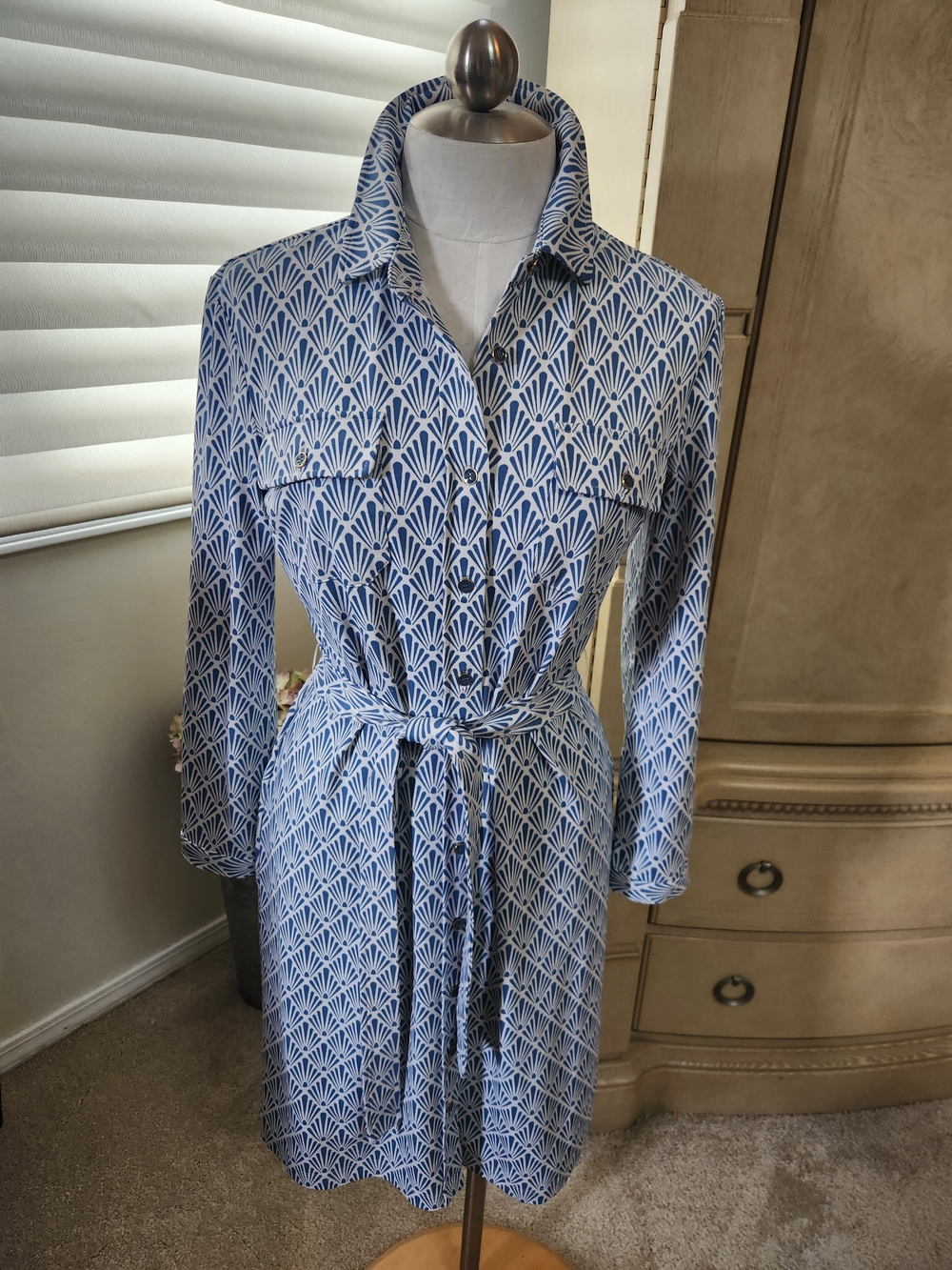 J. McLaughlin Blue and White Long-Sleeve Shirt Dress with Self-Tie Belt
